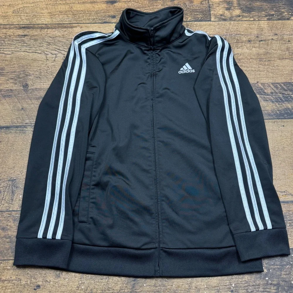Adidas Kids Track Jacket Black White 3‎ Stripe Full Zip Regular Fit Size L 14 16